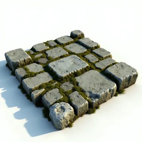 reference representation rendered on a matte white background as a 3D prop set of a floor 20 meters long by 10 meters wide, old, mossy, dirty built of ancient style stone blocks ,  study rendering of a 3D concept prop of a highlighted object , referential ...