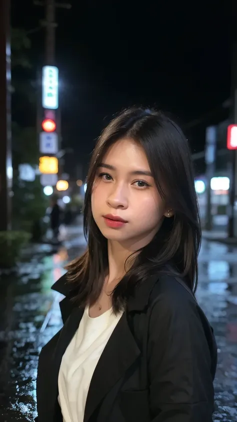 Best quality, masterpiece, ultra high res, (photorealistic:1.4), raw photo, 1girl, in the dark, deep shadow, low key, cold light, closeup, on the streets of Japan, night time , rainy night, Japan streets , neon lighting background