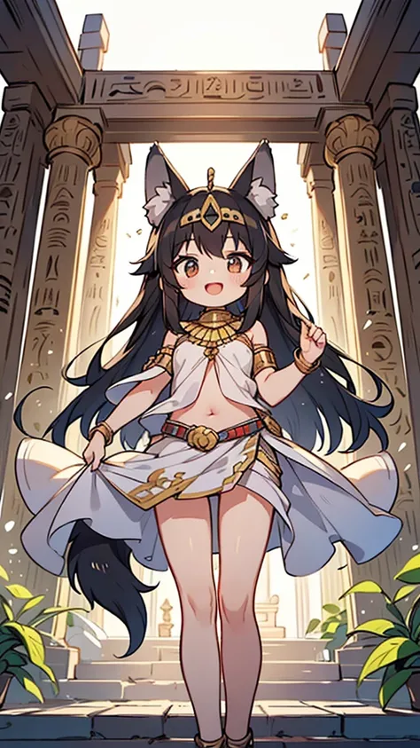 (1 shota,alone,solo), cute boy wearing Egyptian goddess dress, bare shoulders, belly button, exposed legs, (in Egyptian Temple), 1 shota, wolf ears, wolf tail, black hair, (long hair), open mouth smile,, masterpiece, best quality, very aesthetic