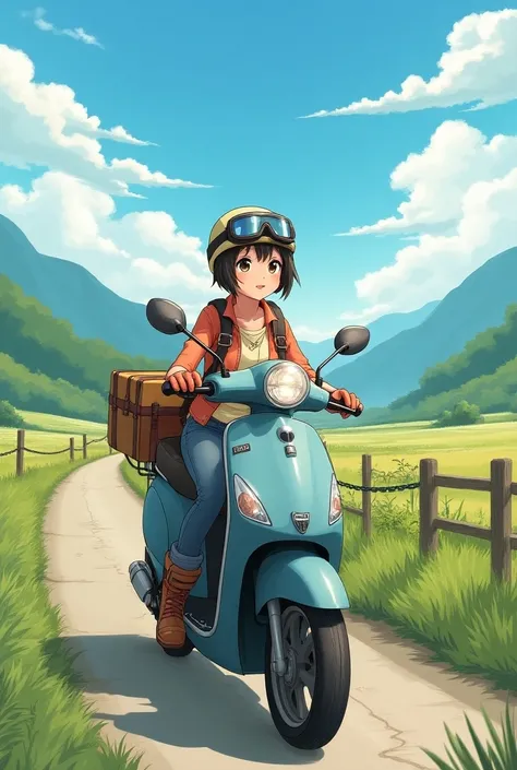 ((Best Quality)),A beautiful and cute Japanese woman with short black hair and a smile, helmet、goggles、gloves、jeans、boots、Im riding a moped with luggage.。Rural Scenery、 High Resolution 、far and near method, masterpiece, Accurate, Best Quality, American sty...