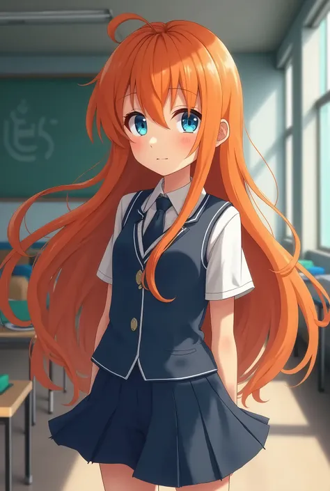 girl, tall orange hair, blue eyes, School uniform، Pee, 