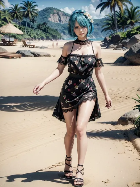 Nico, 1 ,  high resolution ,  full body, wearing a short black floral dress with lace, Wearing black sandals, on a beach, pulling up the skirt