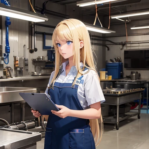  high school girl, Blonde long hair, blue eyes, Mechanic, workwear and blue apron, Inside the spaceship, Machine Shop 