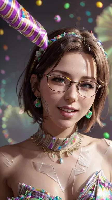 portrait, close-up,  upper body . Short, red hair, green eyes,  metal-framed glasses , green strapless dress, joyful smile, cheerful girl . (masterpiece, top quality,  better quality,  official art , beautiful and aesthetically pleasing:1.2),  is extremely...