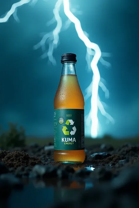 Kuma Energy healthy drink with a recyclable bottle with thunder in the background but no images on the bottle 