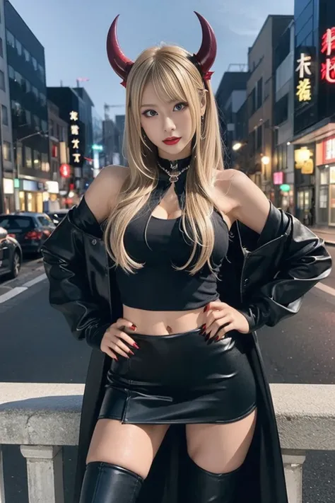 Japanese、Model、Blonde、Big Breasts、Little Devil、Devil horns、 Black Clothes 、 black skirt 、Black boots、Devils Axe 、night、月night、Emphasizes the chest、close