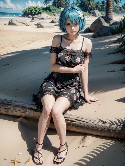 Nico, 1 ,  high resolution ,  full body, wearing a short black floral dress with lace, Wearing black sandals, on a beach, pulling up the skirt, sitting