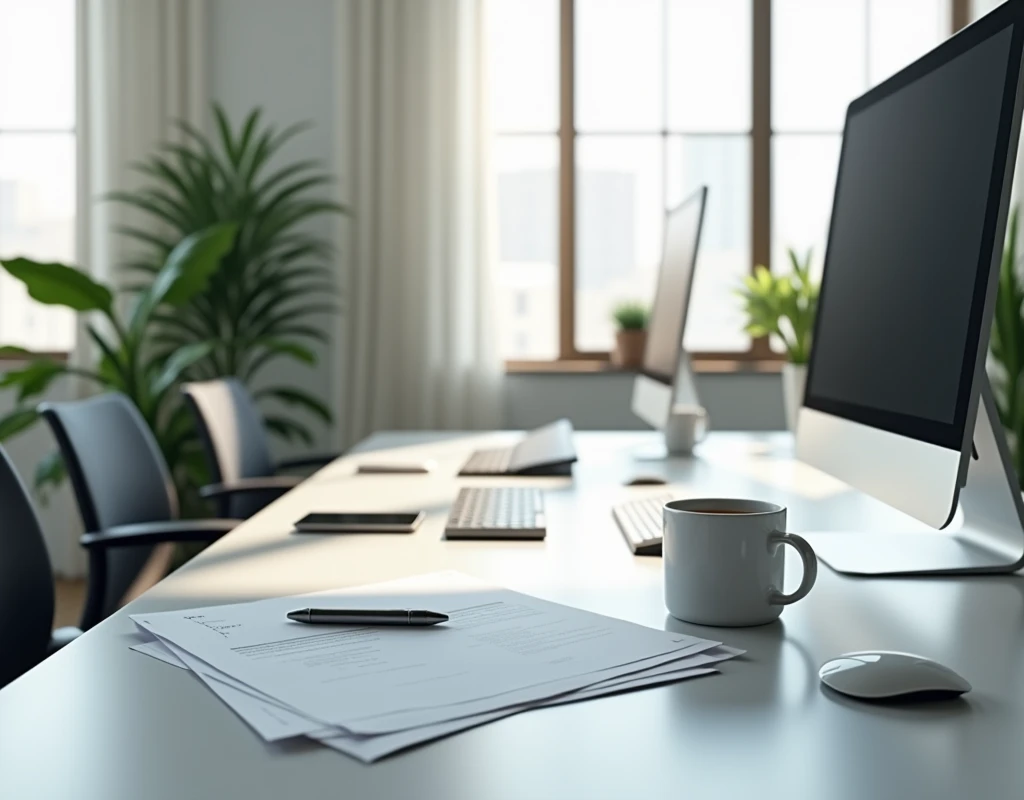  Create me a landscape photorealistic picture of a desk in a modern, light-filled office.  There are some documents on the desk ,  there is a coffee mug on the right , two monitors ,  a keyboard and a mouse .  Some plants decorate the room .
A cell phone i...