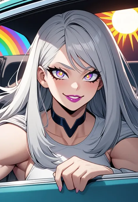   beautifully detailed eyes kept in the car , Beautifully detailed lips,   detailed eyes and face, Long eyelashes, 1 girl, cute teenager with straight gray hair , Rainbow Eyes, sun, Muscular,  Smile a little  , Dark Power, goddess,  My Hero Academia, Muscu...