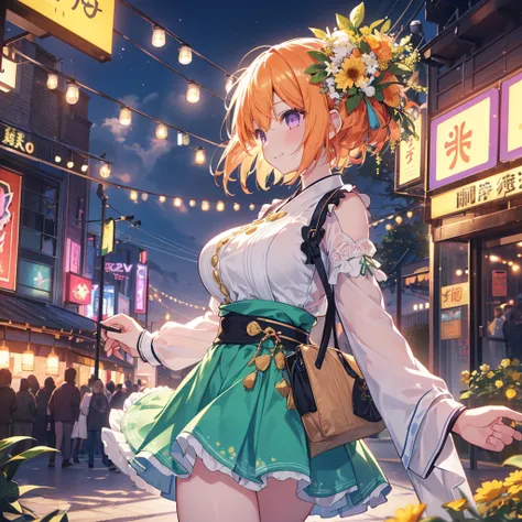 {{{One Girl}}}, Singing and dancing, festival, Beautiful detailed girl, Game CG, Yellow Flower, profile, One curl on the outside,  short bob hair, Pastel orange hair, Purple eyes,Accessory solo, Bust Up, Medium Shoot , woman, smile, Big Breasts,, pastel gr...