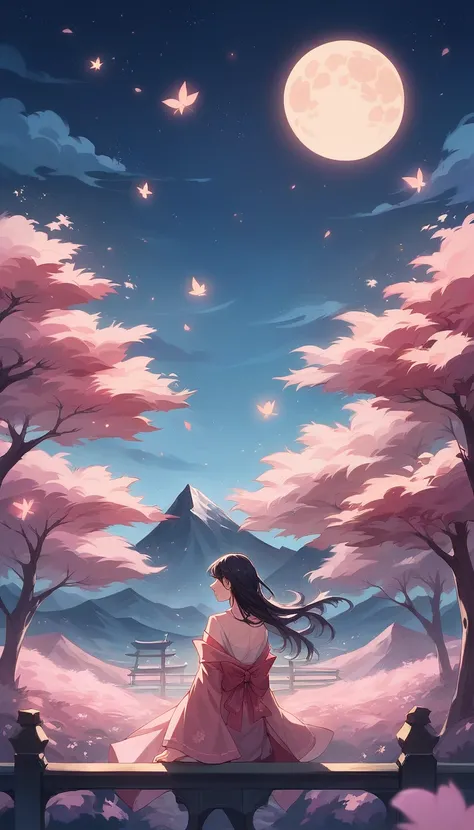 masterpiece,  Best Quality , night, mountain, full moon, long black hair, Miss, firefly, Star, Mysterious Cherry Blossom Tree ,  Pink Leaves, high quality, Beautiful graphics,  Highly detailed 