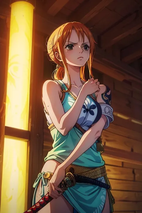  (Best Quality, 4K, 8k,  High Resolution , masterpiece:1.2), Super detailed, (Realistic, photoRealistic, photo-Realistic:1.37),  Preserving Anime Style ,Nami from One Piece,Left shoulder tattoo,samurai, Put on your armor,sword,swordを持つ,彼女は有能なsword士である為、 Be...