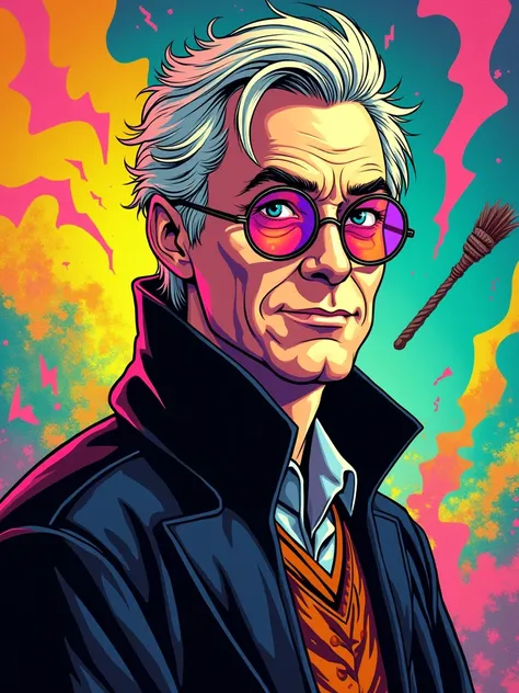 “Create a pop art illustration of an ((older “Draco malfoy” in Harry Potter)), emphasizing vibrant acid colors like amber, neon green, and electric blue. He has a stylish, tousled look with gray streaks in his hair and wears a modern, colorful wizard’s rob...