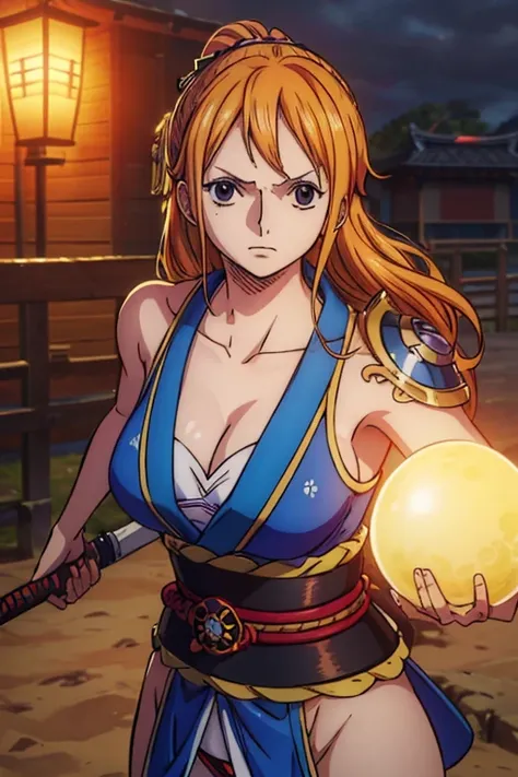  (Best Quality, 4K, 8k,  High Resolution , masterpiece:1.2), Super detailed, (Realistic, photoRealistic, photo-Realistic:1.37), Preserve anime style,Nami from One Piece,Left shoulder tattoo,samurai, Put on your armor,sword,swordを持つ,swordを振りかざす,彼女は有能なsword士...