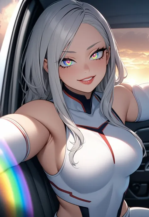     Beautiful and Detailed Eyes in the Car  , Beautifully detailed lips,   Detailed eyes and face, Long eyelashes, 1 girl,  Cute Teenager with Straight Gray Hair  , Rainbow Eyes, sun, Muscular,    Laugh a Little   , Dark Power, goddess,   My Hero Academia,...