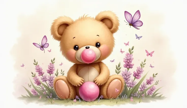 cute teddy bear, meigo, sitting, straw color,  giant head and eyes ,  blowing gum ball in the mouth,  flowers around in the color tea pink, Lilac butterflies, sheets, All watercolor , vintage.