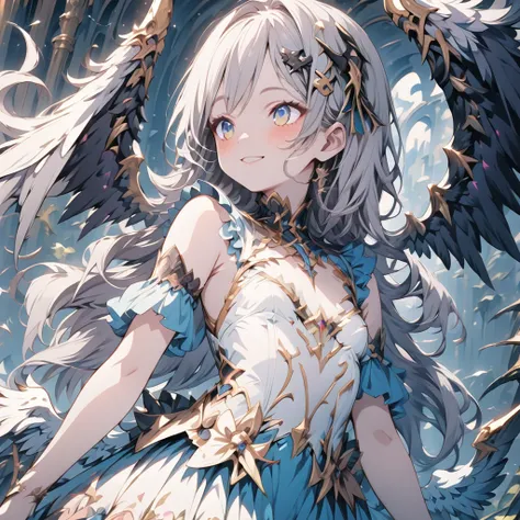 Absurd,anime,Detailed and beautiful eyes,(art),(artistic clothing:1.5),angel,gray hair,smile,(a girl:1.5),from the waist up,(small breasts:1.2),(small chest:1.2),mysterious,fallen Angel,Hello,(Large detailed hair ornament:1.2),(look away:1.5),detailed clot...