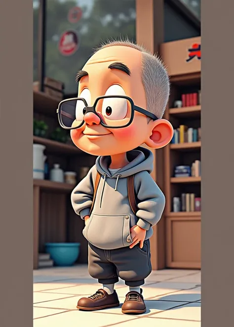 masterpiece, Best Quality. A 3D-animated style character of a 60-year-old Japanese man with extremely short hair, almost shaved but still with a slight natural wave. He wears glasses and has a small, compact build. He is dressed casually in a gray sweatshi...