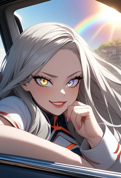     Beautiful and Detailed Eyes in the Car  , Beautifully detailed lips,   Detailed eyes and face, Long eyelashes, 1 girl,  Cute Teenager with Straight Gray Hair  , Rainbow Eyes, sun, Muscular,    Laugh a Little   , Dark Power, goddess,   My Hero Academia,...