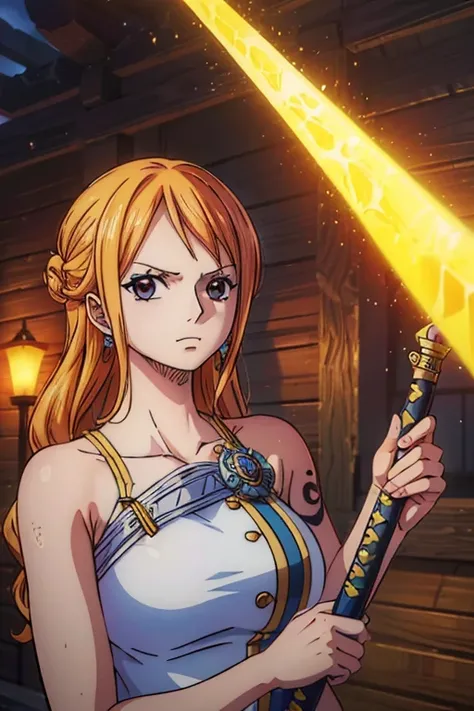  (Best Quality, 4K, 8k,  High Resolution , masterpiece:1.2), Super detailed, (Realistic, photoRealistic, photo-Realistic:1.37), Preserve anime style,Nami from One Piece,Left shoulder tattoo,魔法sword士, Put on your armor,sword,swordを振りかざす,彼女は有能な魔法sword士である為、B...