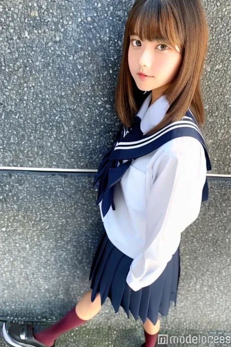 Cute high school girl, ((top-quality, 8k, masterpiece:1.3)),  Skinny Japan Lady,  1 girl, :1.3, Slendegress:1.1, Beautiful and handsome woman with elastic dark brown hair , extra detailed face, Detailed lips, Detailed eyes, Extraordinary cuteness、Full body...