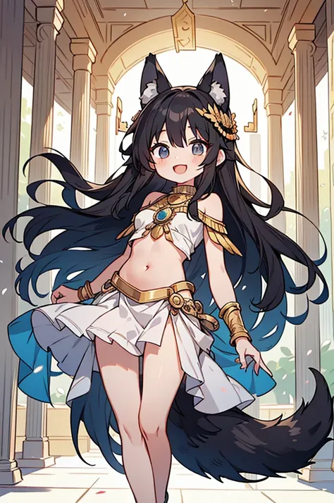 (1 shota,alone,solo), cute boy wearing Egyptian goddess dress, bare shoulders, belly button, exposed legs, (in Egyptian Temple), 1 shota, wolf ears, wolf tail, black hair, (long hair), open mouth smile,, masterpiece, best quality, very aesthetic