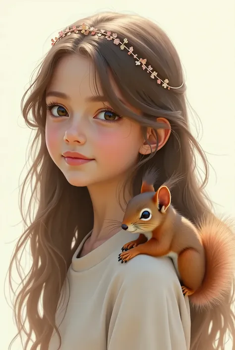 One girl, High resolution, Headband, Long Hair, masterpiece, Anatomically correct, Best Quality, Squirrel on shoulder