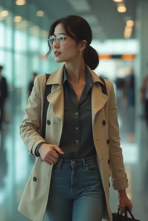 Airport field、 The woman with excellent style was walking coolly through the airport carrying her carrying bag、She was walking fast 々 with a diligent smile, but she looked at me in profile 、Oliver Peoples metal-framed round glasses look great、Similar to Fu...