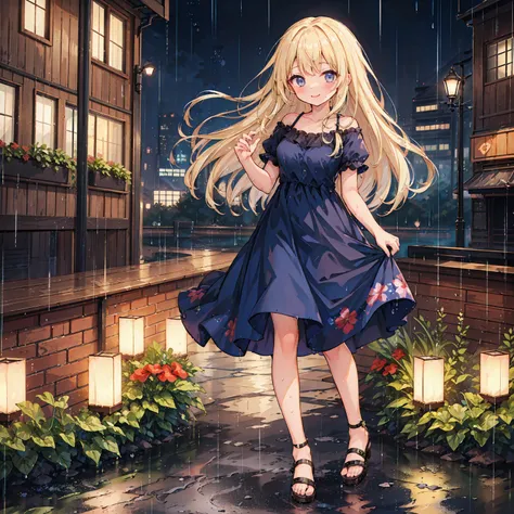 (8k,  very high quality, masterpiece:1.2), Ultra-high resolution, One Woman, cute, Small breasts, blonde,  navy blue dress, Floral, Hawaiian Dress, Sandals, whole body, heavy rain, Don&#39;t use an umbrella,  wet, ish, Bright smile, Submersion, My clothes ...