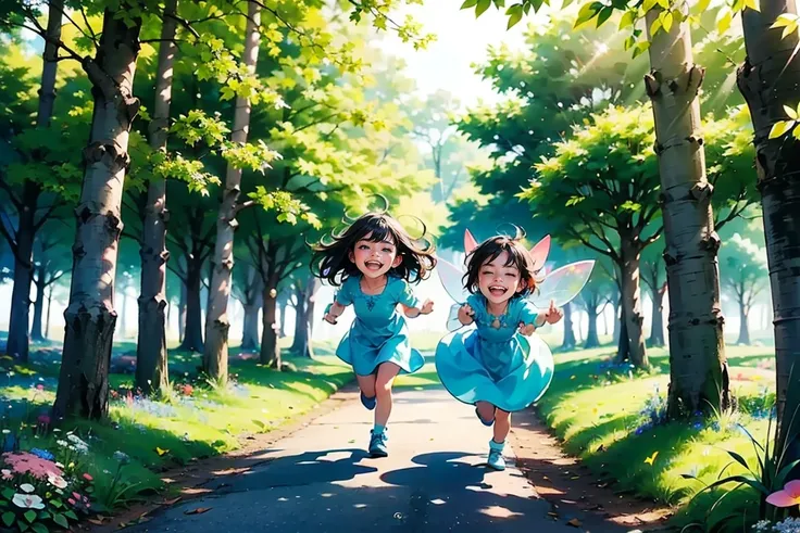 Pixar Style,Deformation,cute, Small things, Happy laughter,  Spirit Big Eyes ,vision, (Three Fairies) Stable diffusion provides the best image quality, Morning Sun, Spring scenery, Dew and flowers, Flying hair, Living in a dreamland of mushrooms and fairy ...