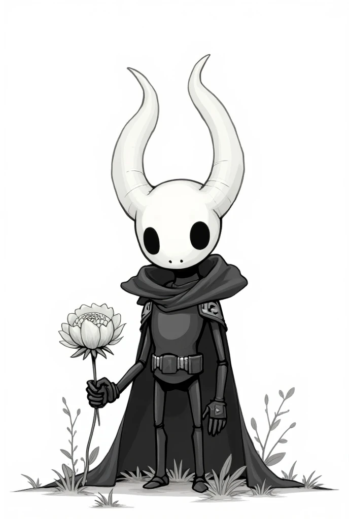 Black and white manga cartoon of Hollow Knight holding a pale flower 