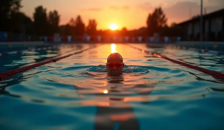 close-up on the water of a exterior Olympic swimming pool. The sun is setting directly in front of the water, casting the pool figure in a dramatic, warm hues of the sky. The light flares softly around the pool. The atmosphere feels introspective and tense...