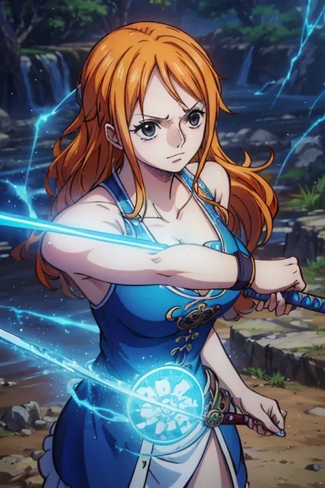  (Best Quality, 4K, 8k,  High Resolution , masterpiece:1.2), Super detailed, (Realistic, photoRealistic, photo-Realistic:1.37), Preserve anime style,Nami from One Piece,Pale orange hair ,Left shoulder tattoo,Knight,  wearing Western armor ,sword,青光り輝くsword...