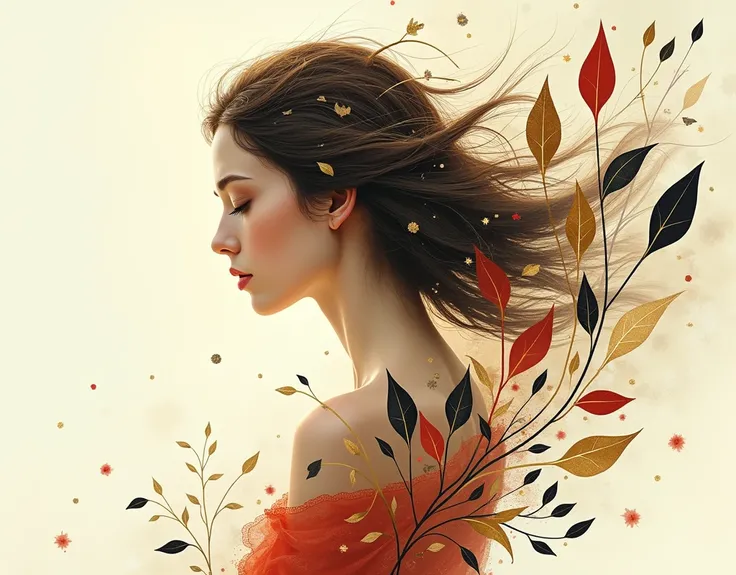 "An artistic illustration of a woman in profile with delicate and ethereal features, surrounded by natural and fluid elements. Her long, flowing hair is mixed with organic and abstract shapes, such as stylized leaves in gold, red and black tones. The compo...