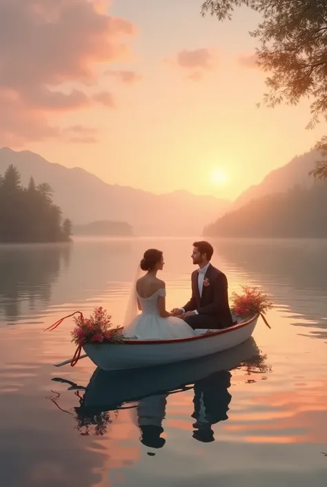 "A serene lake at sunset, with warm, golden hues reflecting off the calm water. A newly married couple sits in a small, beautifully decorated rowboat, gently drifting across the lake. The bride, in a flowing white gown, gazes lovingly at her groom, who is ...