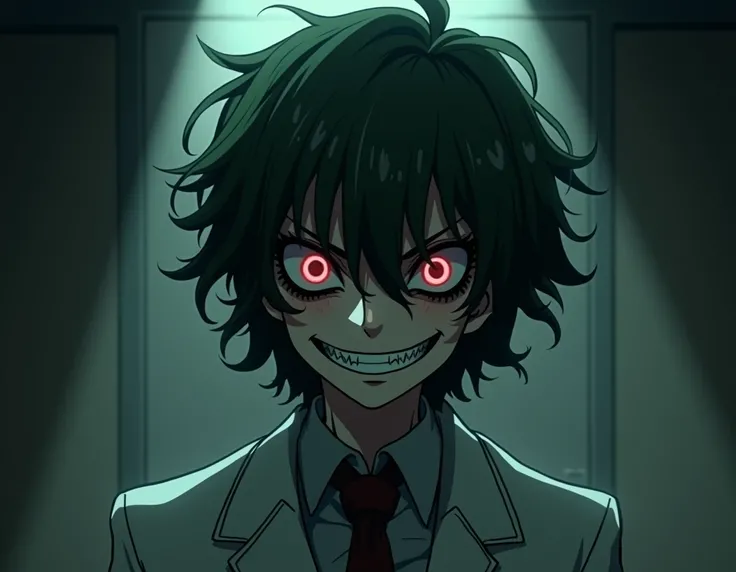 adult anime style, with dark green wavy hair , dark circles,  with an evil smile and a scientists costume