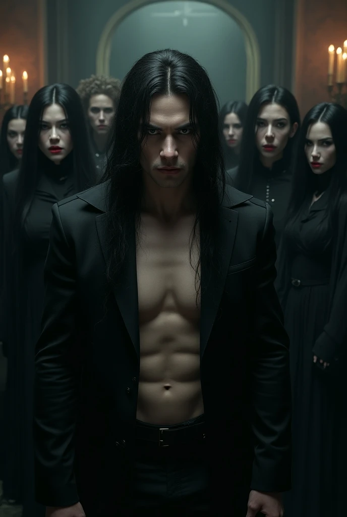 A handsome muscular Von Helsing,beautiful detailed face,chiseled jawline,piercing eyes,surrounded by female vampires,gothic victorian style,pale skin,sharp fangs,long dark hair,flowing black capes,sensual poses,dramatic lighting,moody atmosphere,muted colo...