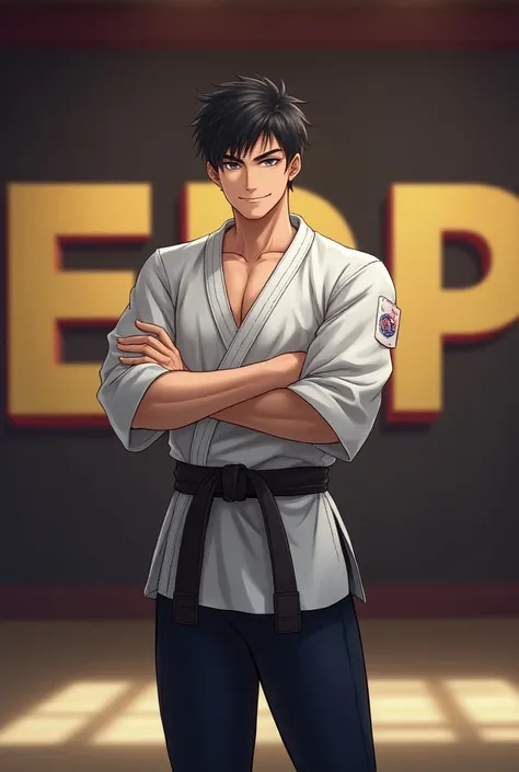 30 year man, anime man, black haired man, martial training, Looking at viewer, High Resolution, Smile, Short Hair, tae kwon do style with big text EDP in the wall