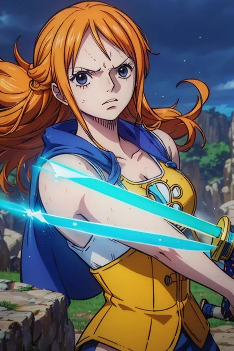  (Best Quality, 4K, 8k,  High Resolution , masterpiece:1.2), Super detailed, (Realistic, photoRealistic, photo-Realistic:1.37), Preserve anime style,Nami from One Piece,Pale orange hair ,Left shoulder tattoo,Paladin,  wearing Western armor ,Wield a blue sw...