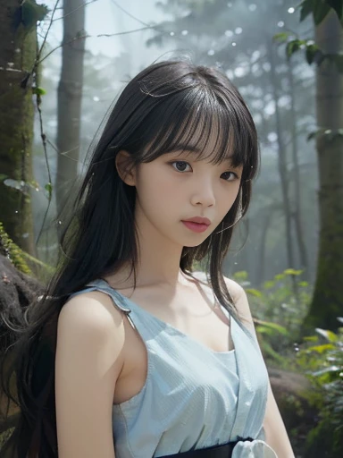 (Best Quality, 16k, Realistic:1.2),  Japanese teenage girl in a misty forest at night , (Detailed skin, Sweet Dress), (Long Hair:1.3, Short bangs), (Mysterious lighting , Thick Fog:1.4),  16K film-like ,  captures the essence of a Japanese teenage girl in ...