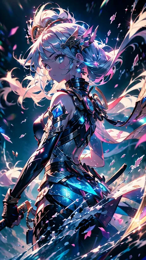 ((Ethereal warrior princess:1.3) with (flowing silver hair:1.1, determined azure eyes:1.2)) (wielding ornate katana:1.2) BREAK (Ancient cherry blossom grove:1.1) (swirling pink petals:1.0) BREAK (Shimmering armor:1.1) blending (traditional samurai aestheti...