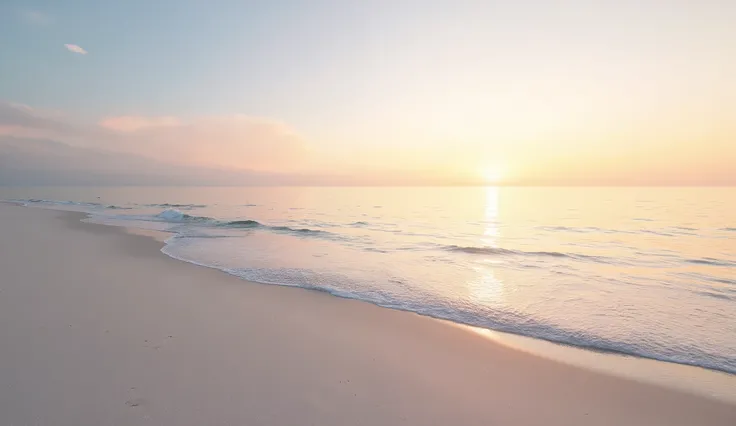  A solitary beach with soft sand and calm waves that reach the shore. The sky is tinted with pastel colors ,  as the sun begins to appear on the horizon .  The water reflects the warm tones of the sky .