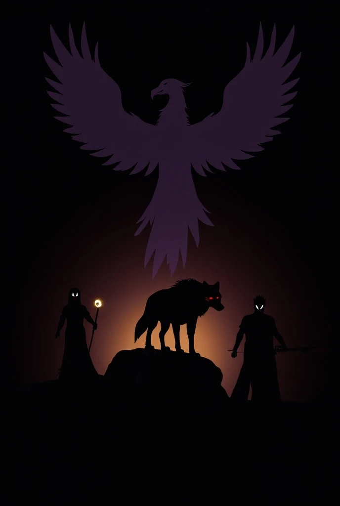 Image with completely black background; 
Silhouette of a purple Phoenix above; 
Silhouette of a wolf with red eyes in the middle; 
Silhouette of Goddess Athena with golden aura on the left.