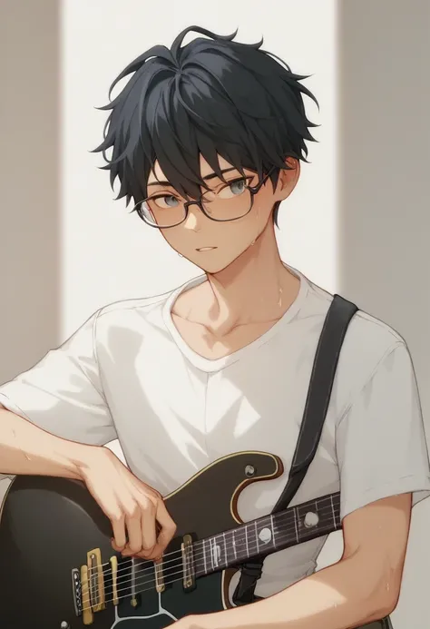 18-year-old male、tall、Skinny、Black Hair、Longer Hair、Young、Perm Hair、Student Uniform、Glasses、Electric guitar、Classmates、Fair skin、sweat