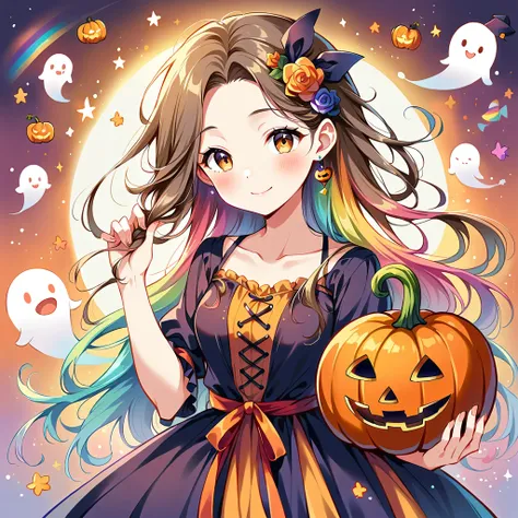 Adult atmosphere、Make your hair a rainbow color、Rainbow Hair、magic、Halloween，Ghost pumpkin 、Cheerful and smiling、Happy atmosphere、 Brown Eyes 、A kind smile