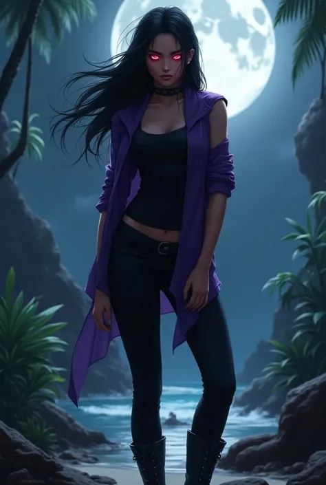 A beautiful young girl with long black hair and red eyes, wearing a sleeveless purple jacket, a black tank top, black pants, and black boots. The setting is an isolated island under the moon.