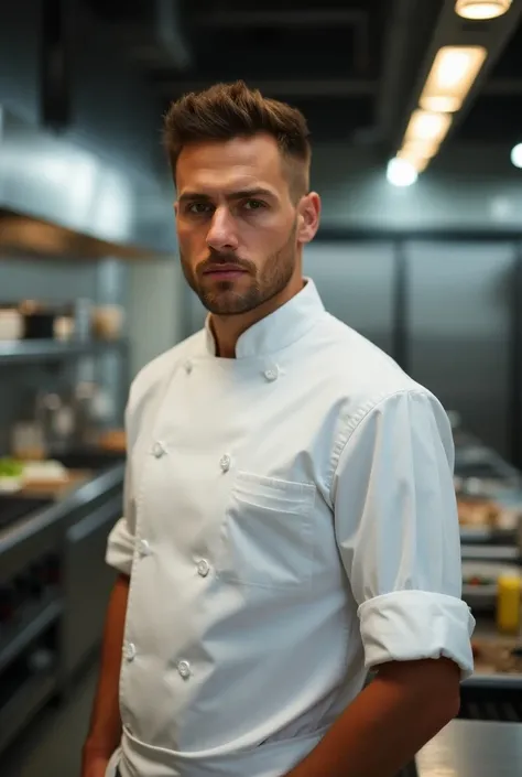 real life, A 28-year-old man, head chef, cooking, real human, face real,  looking at the camera , bright and illuminated environment