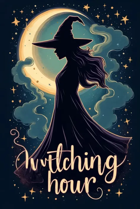 Design a t-shirt featuring a stylish witch silhouette with a classic pointed hat, surrounded by stars, a crescent moon, and swirling clouds. The text “Witching Hour” should be included in an elegant, mystical font. This design should appeal to those who lo...