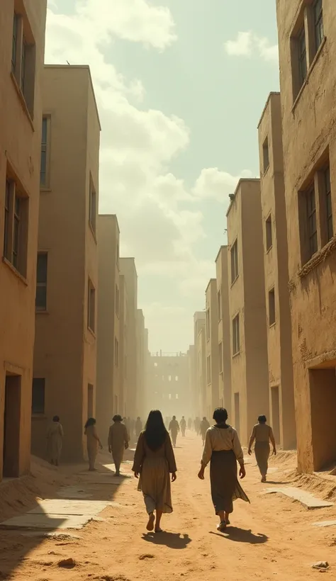 . A city in the desert, its buildings simple but with an eerie silence in the air. People move around but look disconnected, lost in their own world. UHD, realistic, with a mysterious, haunting feel.

