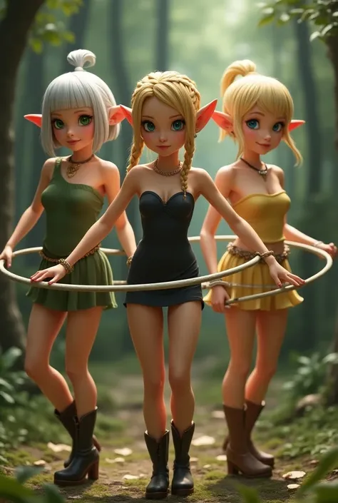 Super realistic illustration, Detailed Fantasy art, Cinema 4D rendering, 3 cute lady, full body, 3 elven ladies are enjoying playing hula hoops. (left lady is silver short bob hair, green eyes. green tube top and mini skirt, green short boots). (center lad...